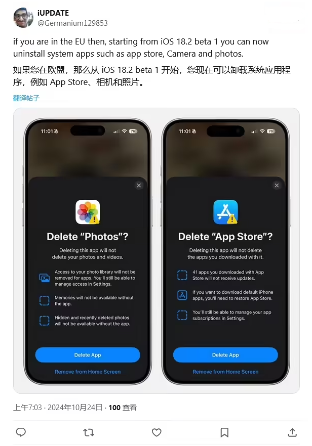 通海口镇苹果手机维修分享iOS 18.2 支持删除 App Store 应用商店 