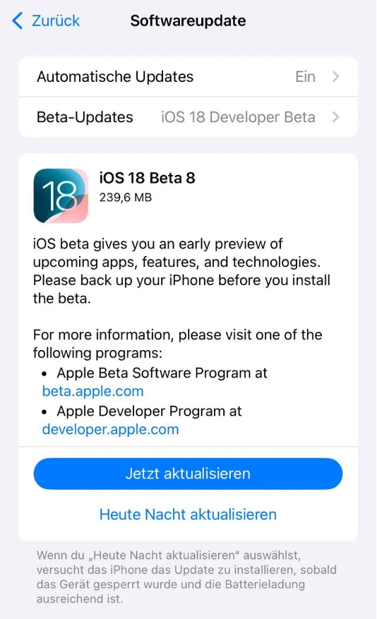 通海口镇苹果手机维修分享苹果 iOS / iPadOS 18 开发者预览版 Beta 8 发布 